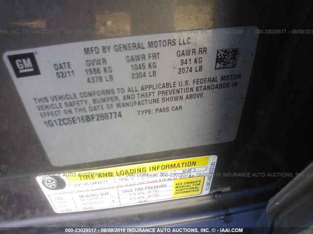 1G1ZC5E16BF288774 - 2011 CHEVROLET MALIBU 1LT 棕色 照片 9