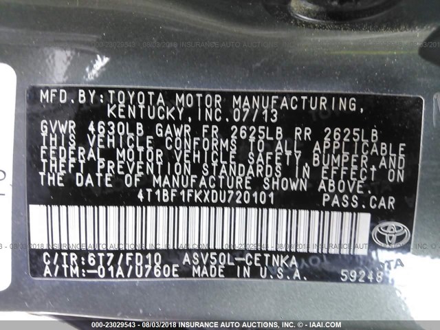 4T1BF1FKXDU720101 - 2013 TOYOTA CAMRY L/SE/LE/XLE მწვანე ფოტო 9