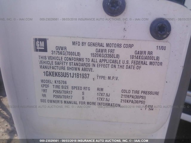 1GKEK63U51J181937 - 2001 GMC DENALI WHITE photo 9