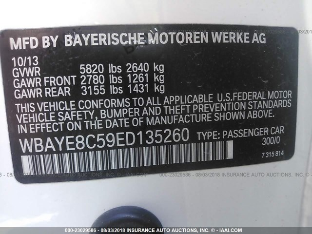 WBAYE8C59ED135260 - 2014 BMW 750 LI WHITE photo 9