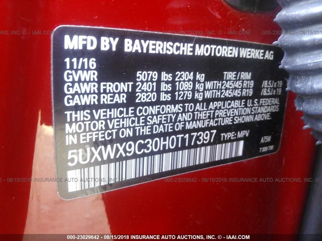 5UXWX9C30H0T17397 - 2017 BMW X3 XDRIVE28I RED photo 9