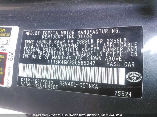 4T1BK46K29U585247 - 2009 TOYOTA CAMRY SE/LE/XLE GRAY photo 9