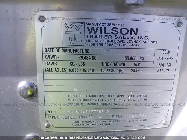4WW4392A2F7708915 - 2015 WILSON TRAILER CO GRAIN  Unknown photo 9