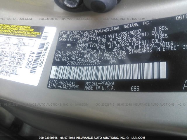 5TDZA22C35S356437 - 2005 TOYOTA SIENNA XLE/XLE LIMITED GOLD photo 9