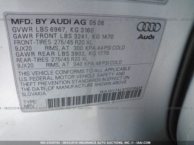 WA1AV74L97D016424 - 2007 AUDI Q7 4.2 QUATTRO SILVER photo 9