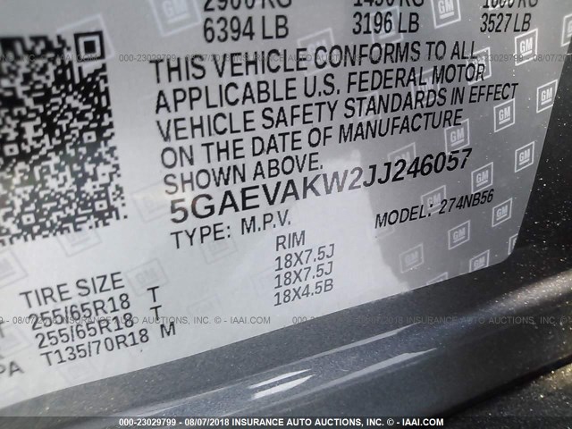 5GAEVAKW2JJ246057 - 2018 BUICK ENCLAVE ESSENCE 灰色 照片 9