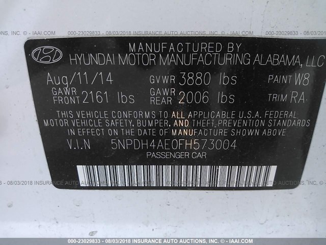 5NPDH4AE0FH573004 - 2015 HYUNDAI ELANTRA SE/SPORT/LIMITED WHITE photo 9