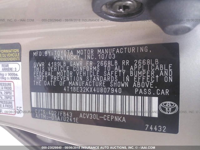 4T1BE32KX4U807940 - 2004 TOYOTA CAMRY LE/XLE/SE ოქროსფერი ფოტო 9