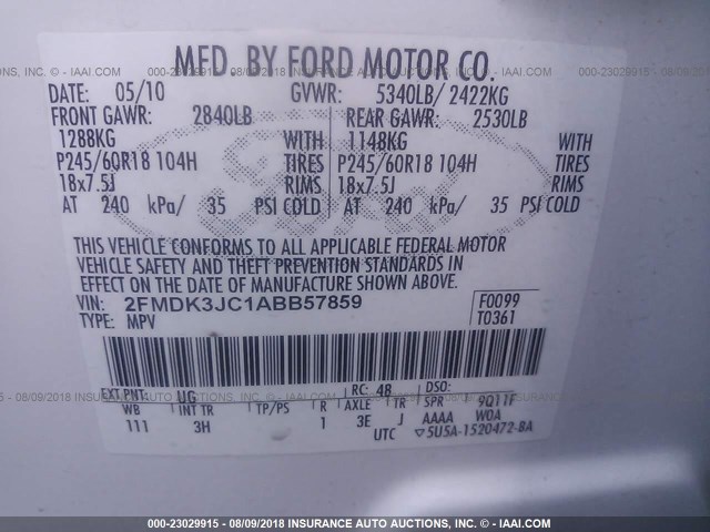 2FMDK3JC1ABB57859 - 2010 FORD EDGE SEL WHITE photo 9