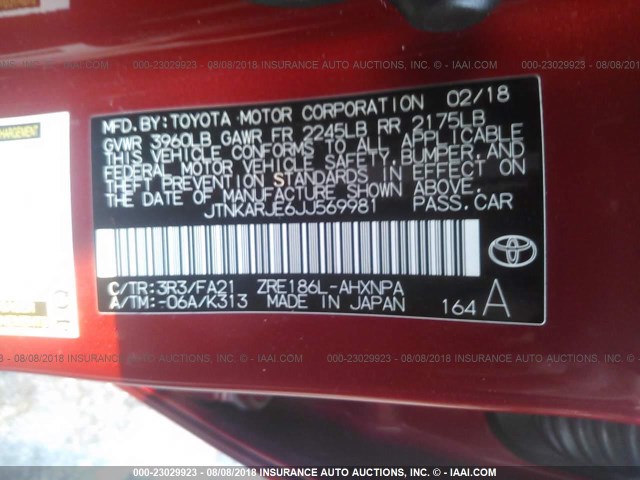 JTNKARJE6JJ569981 - 2018 TOYOTA COROLLA IM RED photo 9