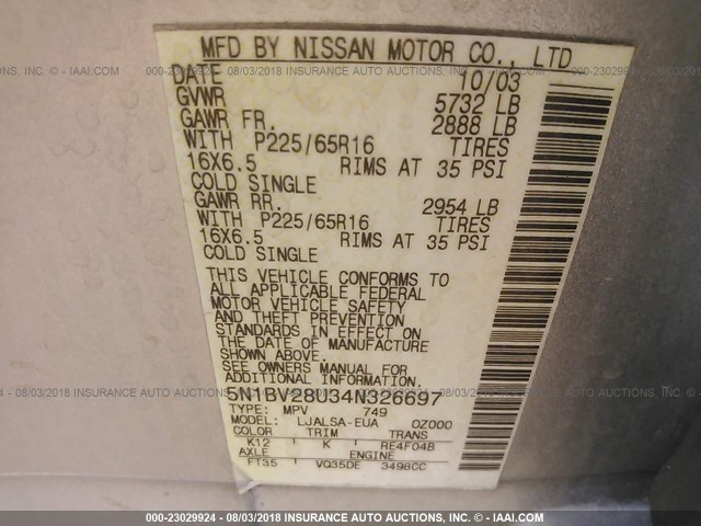 5N1BV28U34N326697 - 2004 NISSAN QUEST S/SE/SL SILVER photo 9