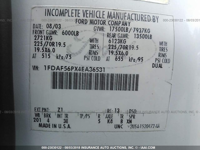 1FDAF56PX4EA36531 - 2004 FORD F550 SUPER DUTY WHITE photo 10