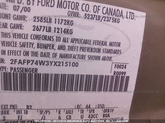 2FAFP74W3YX215100 - 2000 FORD CROWN VICTORIA LX TAN photo 9