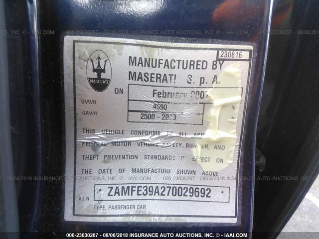 ZAMFE39A270029692 - 2007 MASERATI Quattroporte M139 BLUE photo 9