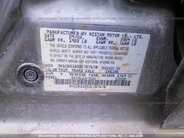 3N1CB51D03L707678 - 2003 NISSAN SENTRA XE/GXE BEIGE photo 9