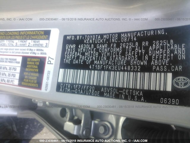 4T1BF1FK3EU448332 - 2014 TOYOTA CAMRY L/SE/LE/XLE 银色 照片 9