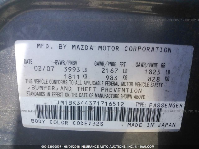 JM1BK344371716512 - 2007 MAZDA 3 HATCHBACK GRAY photo 9