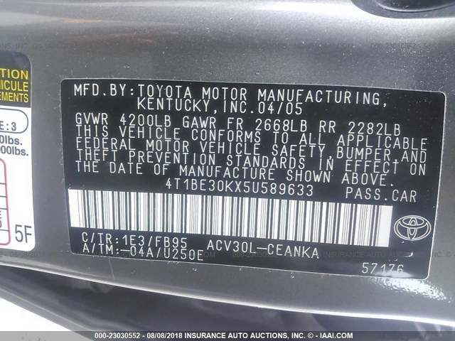 4T1BE30KX5U589633 - 2005 TOYOTA CAMRY LE/XLE/SE GRAY photo 9