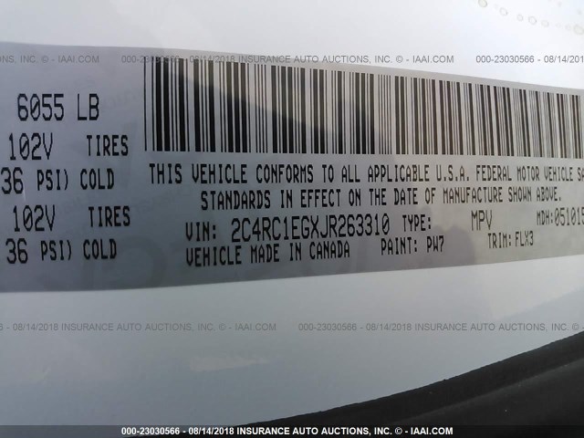 2C4RC1EGXJR263310 - 2018 CHRYSLER PACIFICA TOURING L PLUS WHITE photo 9