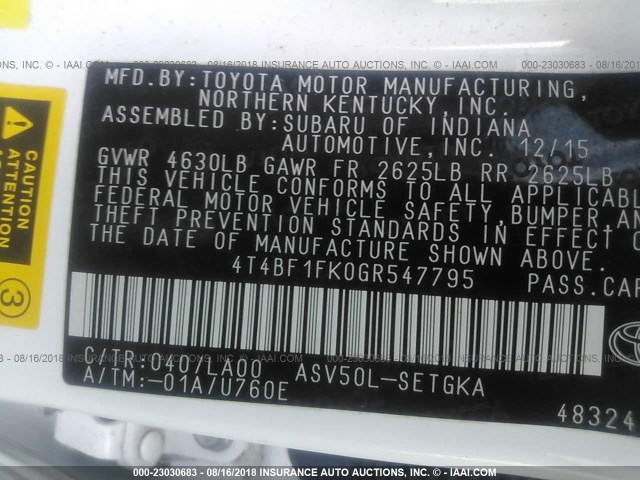 4T4BF1FK0GR547795 - 2016 TOYOTA CAMRY LE/XLE/SE/XSE WHITE photo 9