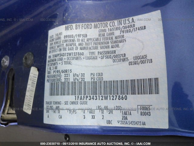 1FAFP34312W127860 - 2002 FORD FOCUS SE/SE COMFORT/SE SPORT BLUE photo 9