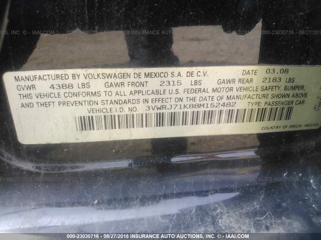 3VWRJ71K88M152482 - 2008 VOLKSWAGEN JETTA WOLFSBURG 黑色 照片 9