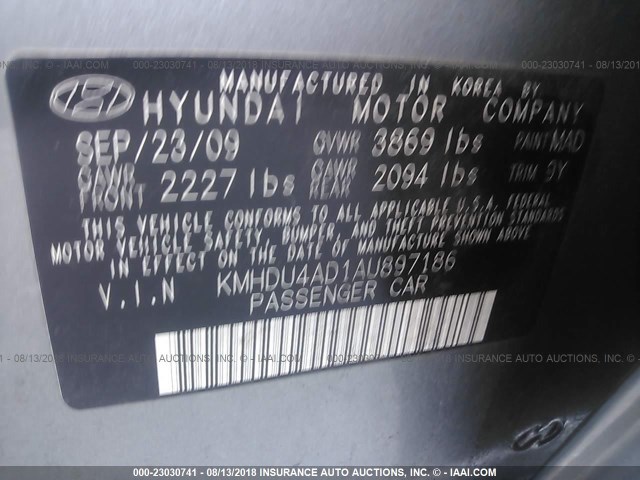 KMHDU4AD1AU897186 - 2010 HYUNDAI ELANTRA BLUE/GLS/SE GRAY photo 9