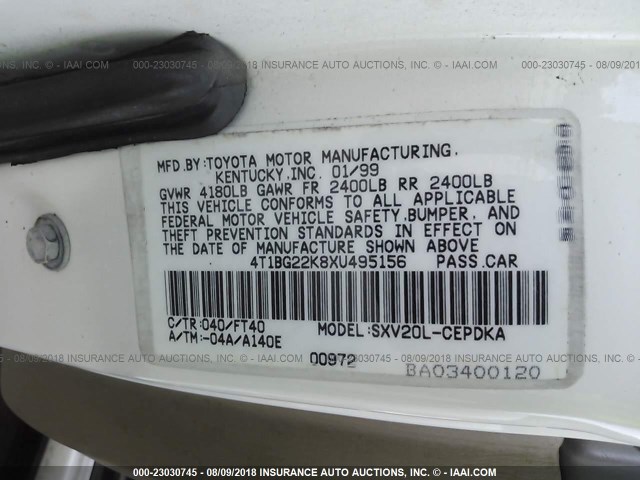 4T1BG22K8XU495156 - 1999 TOYOTA CAMRY CE/LE/XLE 白色 照片 9