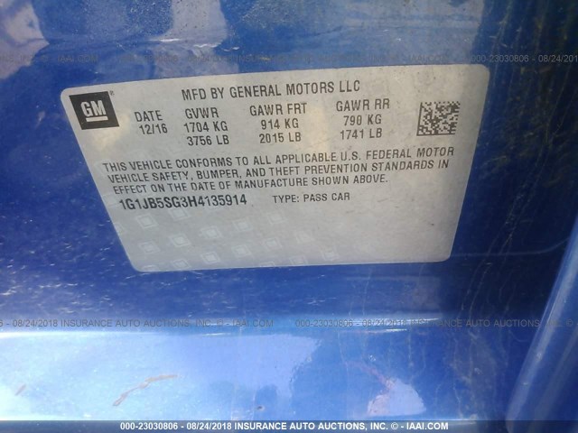 1G1JB5SG3H4135914 - 2017 CHEVROLET SONIC LS 蓝色 照片 9