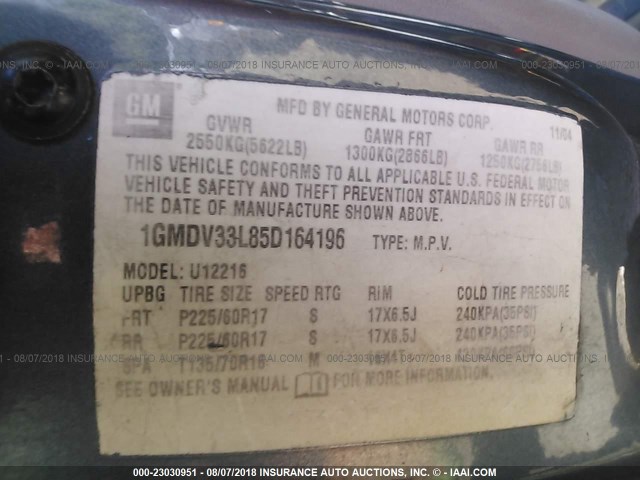 1GMDV33L85D164196 - 2005 PONTIAC MONTANA SV6 BLUE photo 9