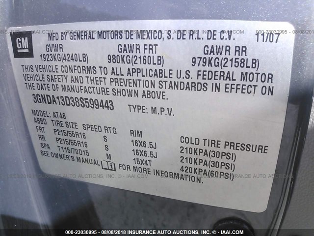 3GNDA13D38S599443 - 2008 CHEVROLET HHR LS ნაცრისფერი ფოტო 9