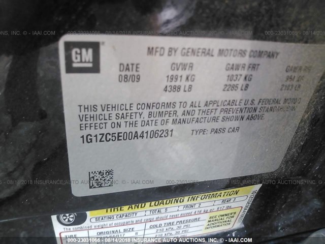 1G1ZC5E00A4106231 - 2010 CHEVROLET MALIBU 1LT შავი ფოტო 9