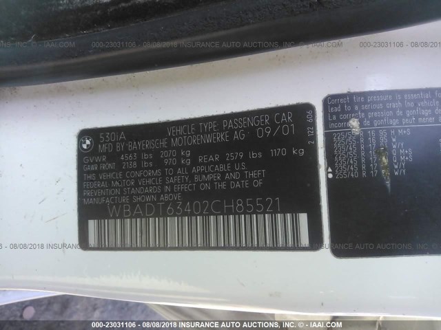 WBADT63402CH85521 - 2002 BMW 530 I AUTOMATIC WHITE photo 9