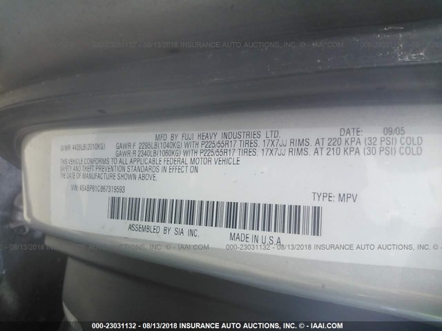 4S4BP61C867319593 - 2006 SUBARU LEGACY OUTBACK 2.5I SILVER photo 9