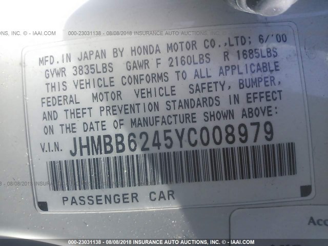 JHMBB6245YC008979 - 2000 HONDA PRELUDE WHITE photo 9