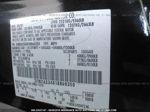 2FMZA53481BB60350 - 2001 FORD WINDSTAR SEL BLACK photo 9