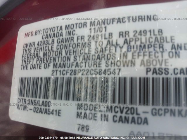 2T1CF28P22C584547 - 2002 TOYOTA CAMRY SOLARA SE/SLE წითელი ფოტო 9