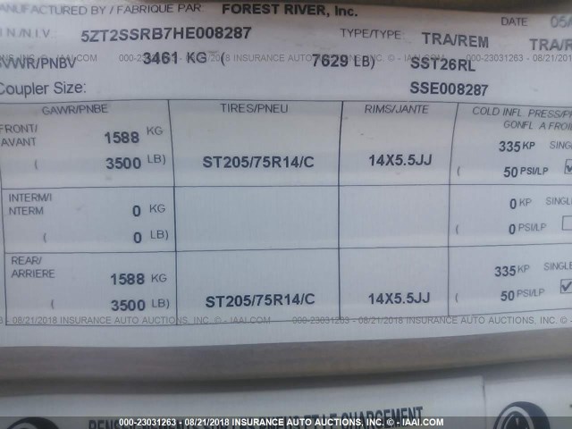 5ZT2SSRB7HE008287 - 2017 FOREST RIVER SHASTA OASIS  Biały zdjęcie 9