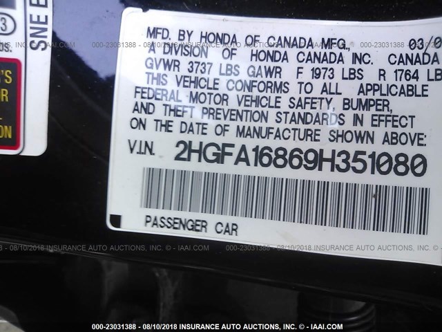 2HGFA16869H351080 - 2009 HONDA CIVIC EX BLACK photo 9