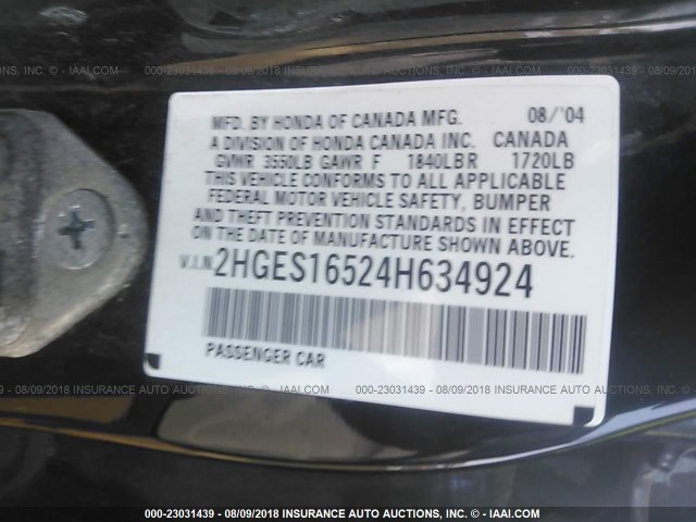 2HGES16524H634924 - 2004 HONDA CIVIC LX BLACK photo 9