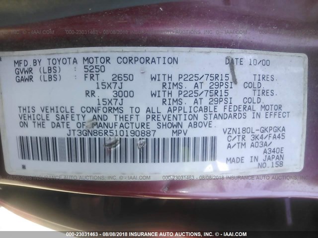 JT3GN86R510190887 - 2001 TOYOTA 4RUNNER SR5 BURGUNDY photo 9