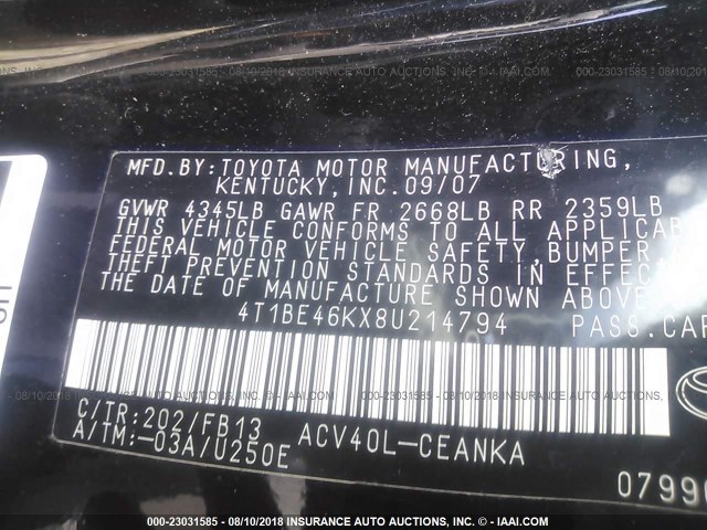 4T1BE46KX8U214794 - 2008 TOYOTA CAMRY CE/LE/XLE/SE BLACK photo 9