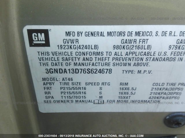 3GNDA13D76S624678 - 2006 CHEVROLET HHR LS TAN photo 9