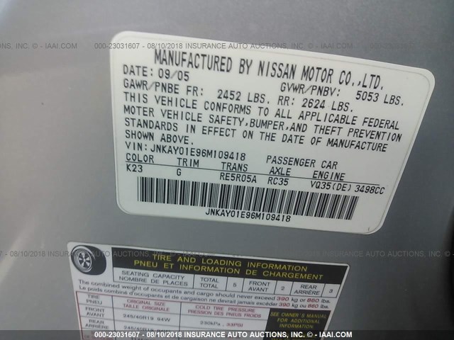 JNKAY01E96M109418 - 2006 INFINITI M35 SPORT GRAY photo 9