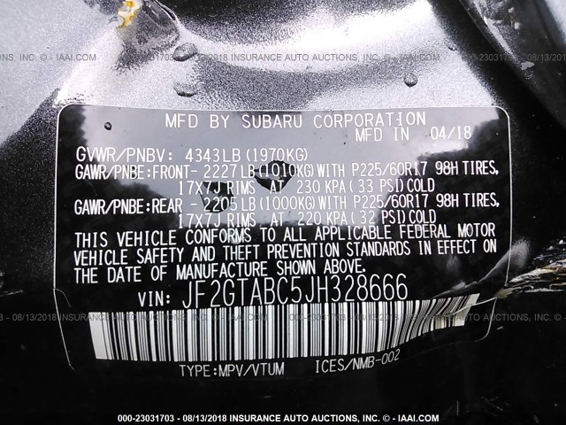 JF2GTABC5JH328666 - 2018 SUBARU CROSSTREK PREMIUM Մոխրագույն լուսանկար 9