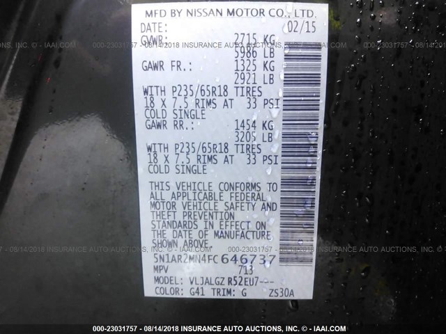 5N1AR2MN4FC646737 - 2015 NISSAN PATHFINDER S/SV/SL/PLATINUM BLACK photo 9