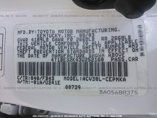 4T1BE32K43U252160 - 2003 TOYOTA CAMRY LE/XLE/SE Ağ foto 9