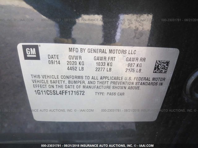 1G11C5SL4FF171672 - 2015 CHEVROLET MALIBU 1LT შავი ფოტო 9