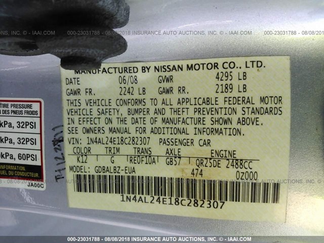 1N4AL24E18C282307 - 2008 NISSAN ALTIMA 2.5S SILVER photo 9