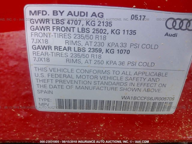 WA1BCCFS6JR005706 - 2018 AUDI Q3 PREMIUM RED photo 9